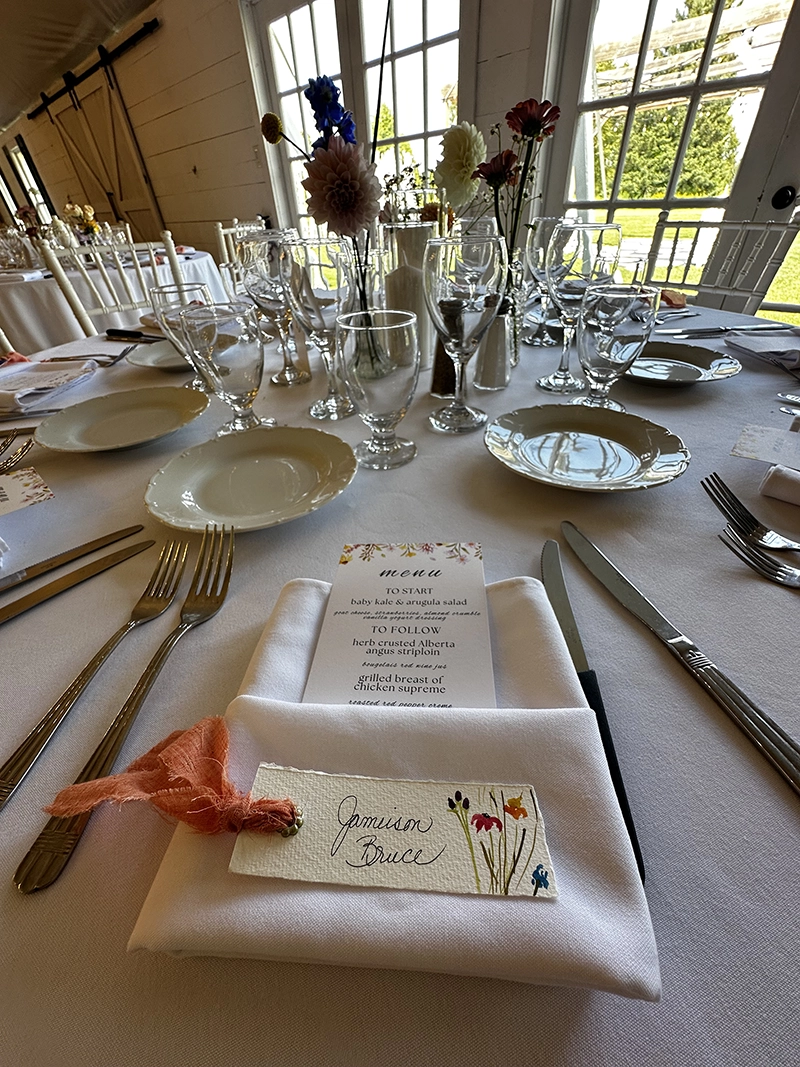 Elegant reception table at a private cottage wedding